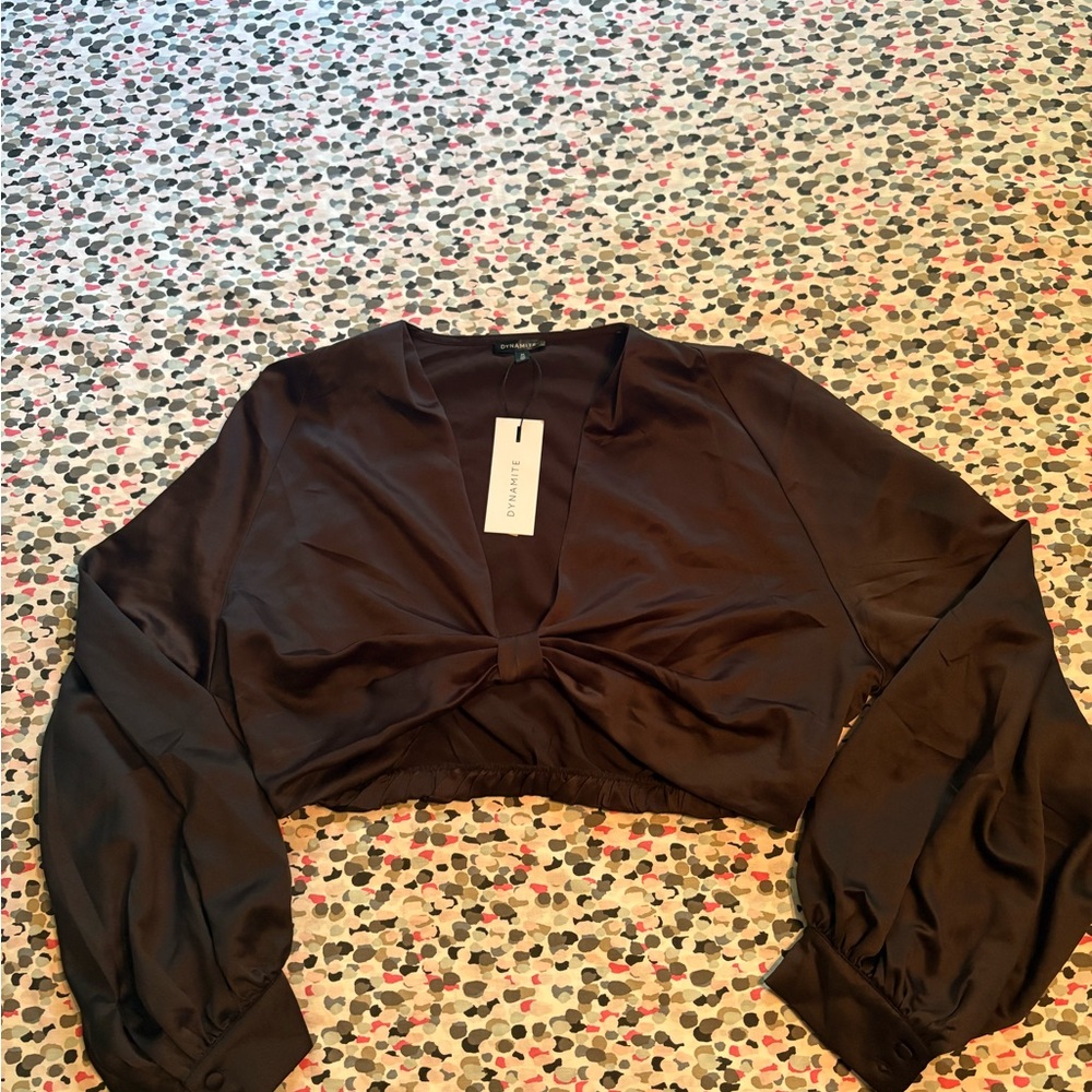 Dynamite Black Satin Cropped Blouse